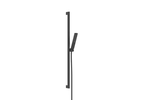 Brausestange in mattschwarz mit Halterung und Handbrause. Teil des Hansgrohe Pulsify E Brausesets. Minimalistisches Design, geeignet für moderne Badezimmer.